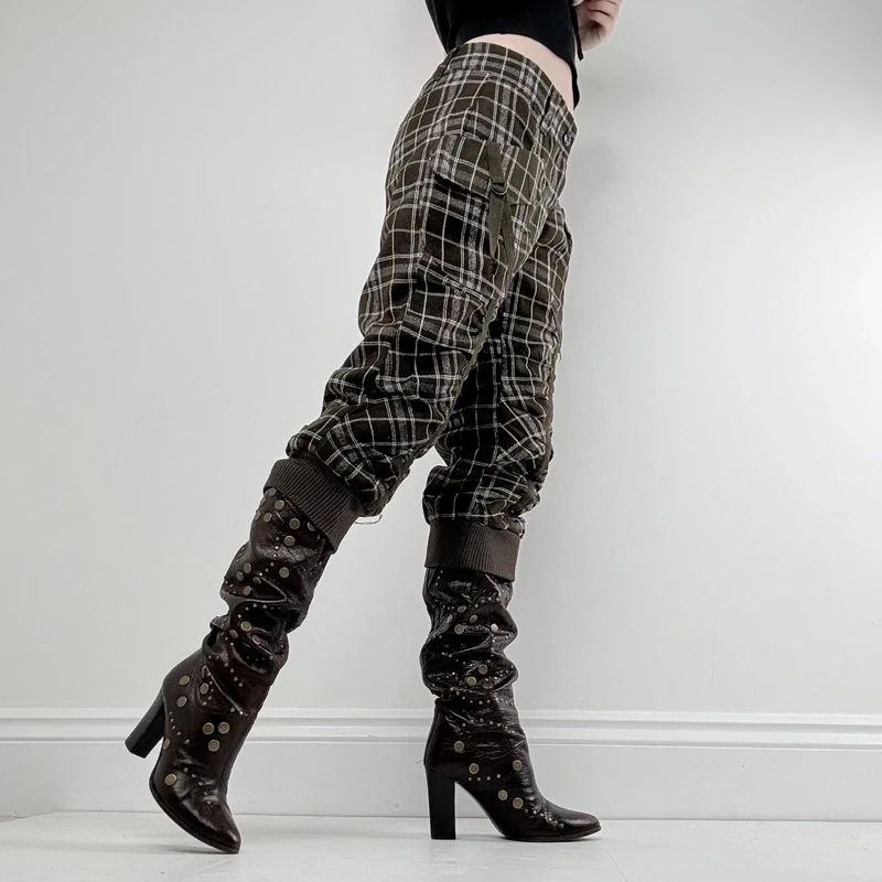 khaki tartan puff cinched capri trousers