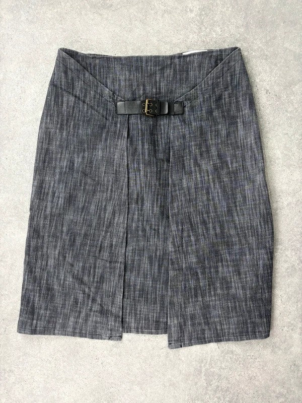 Pleated buckle front denim grunge midi skirt