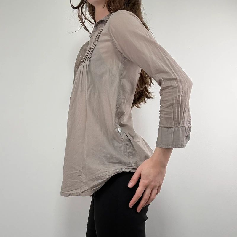 brown pleated flared patchwork button shirt