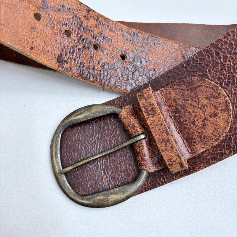 Distressed brown leather oversized thick belt