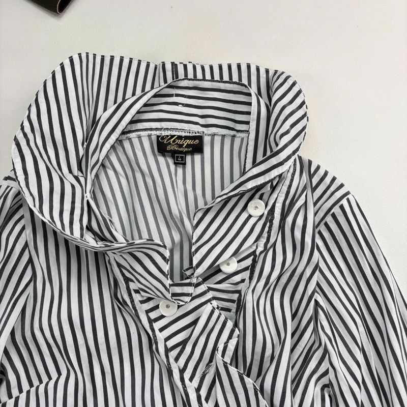 Asymmetric Pinstripe Wrap Ruffle Shirt
