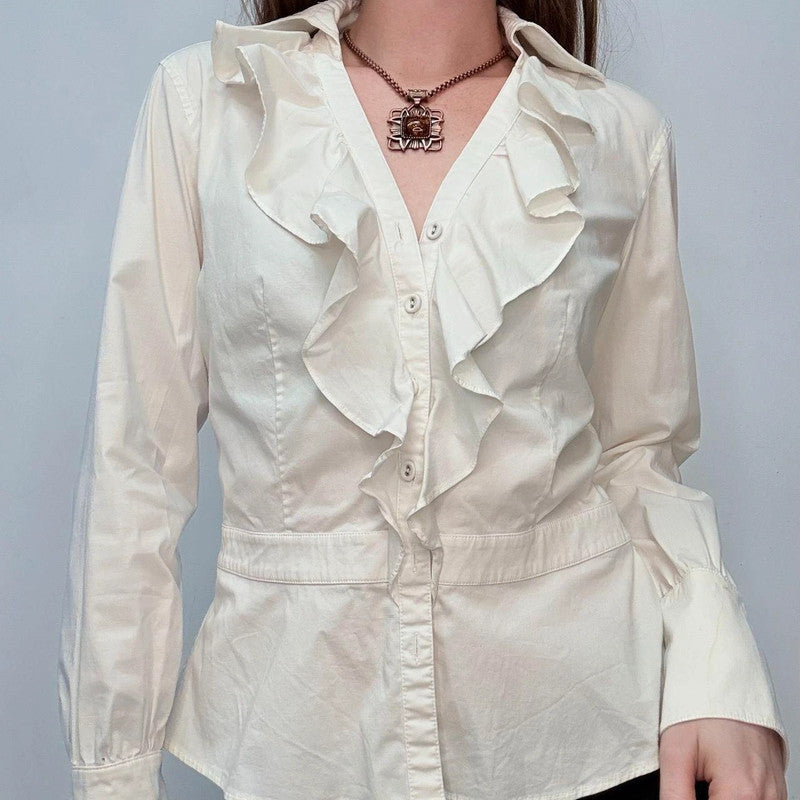 white ruffle fitted shirt