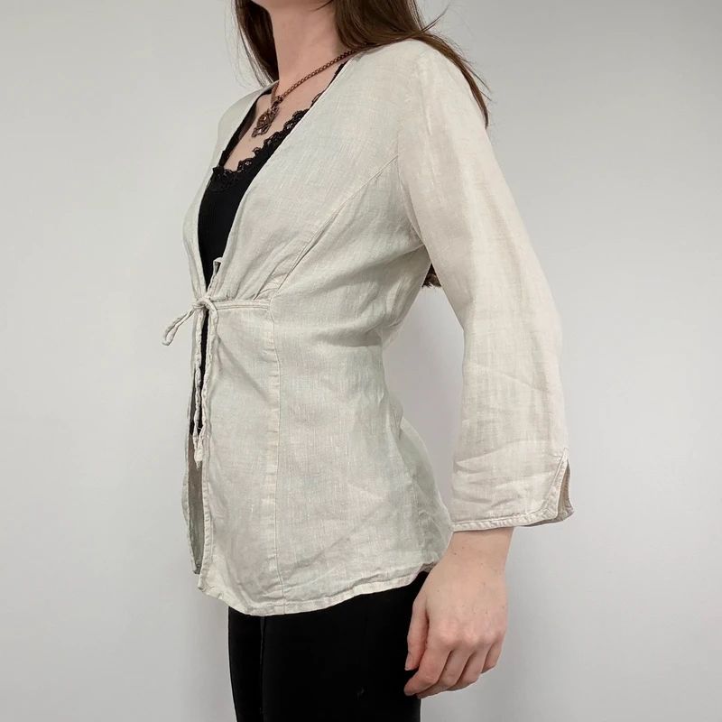 cream linen flared tie up shirt