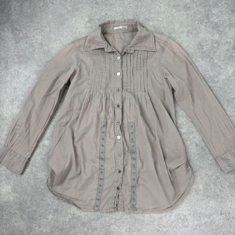 brown pleated flared patchwork button shirt