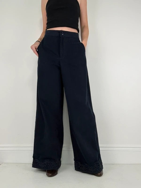 navy ultra wide leg lace hem trousers