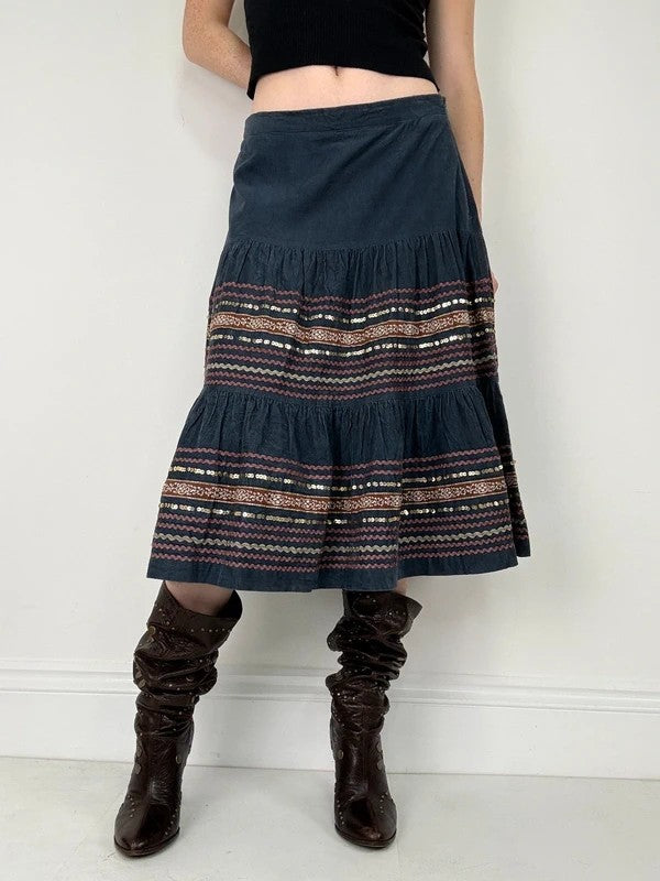 boho cord flared embroidered tiered sequin midi skirt