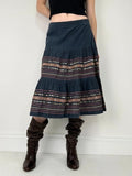 boho cord flared embroidered tiered sequin midi skirt