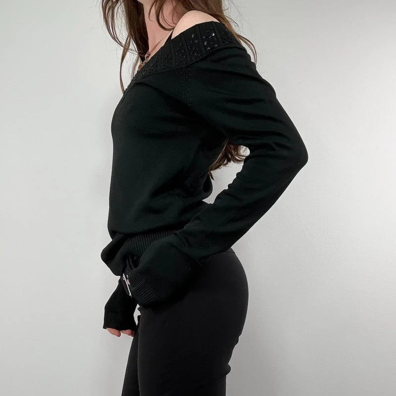 slouchy black off the shoulder glitter ribbed sweater