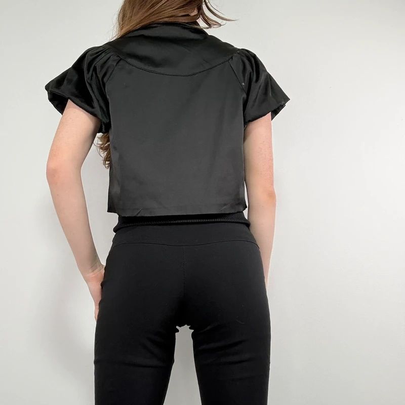 black satin cropped capped sleeve mini jacket