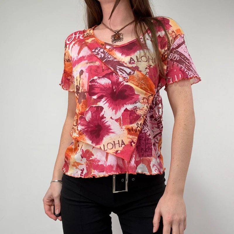 pink hawaiian floral graphic printed mesh top