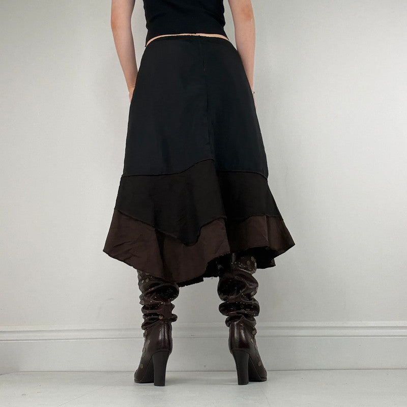 panelled patchwork asymmetric black midi skirt
