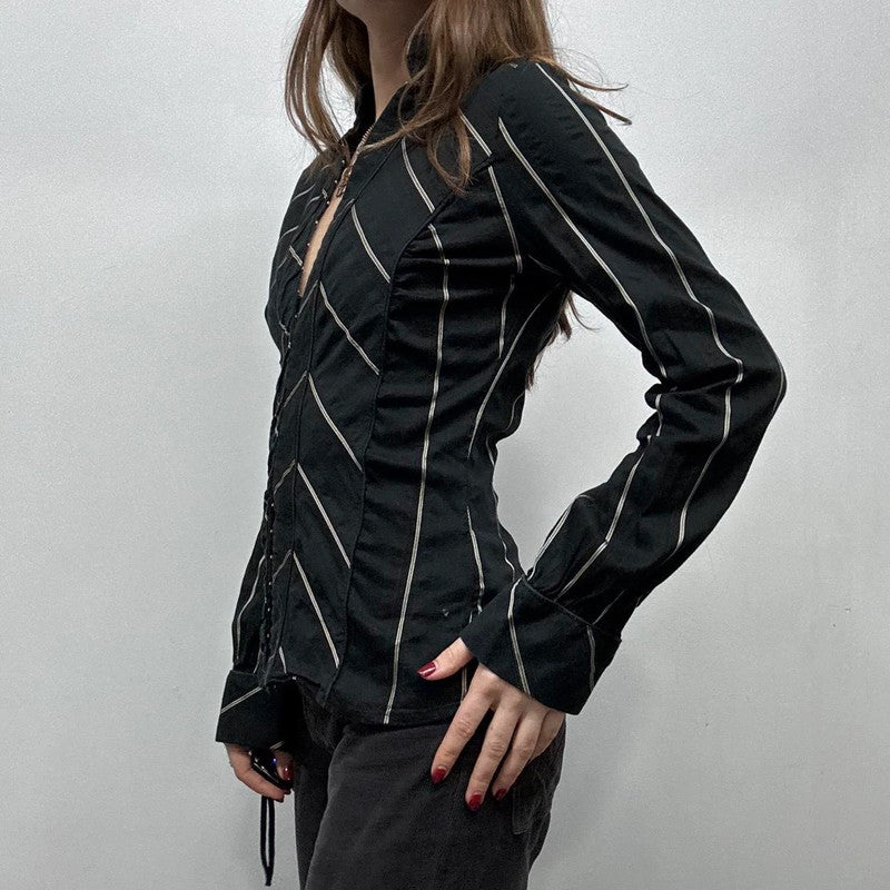 black flared pinstripe office shirt