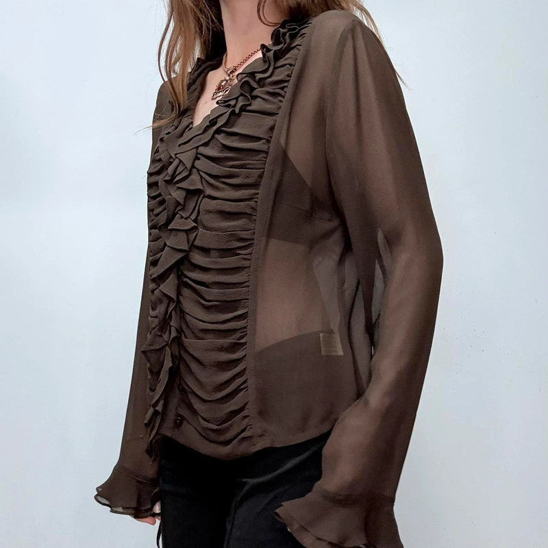 sheer brown silky gathered ruffle shirt