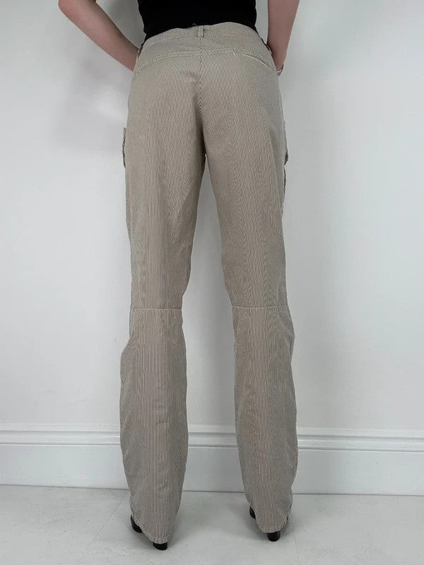 beige pinstripe cargo slim fit cotton trousers