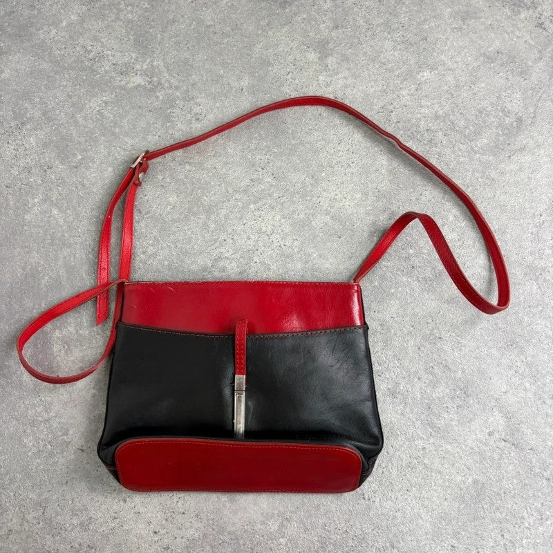 Black and red leather patient mini messenger bag