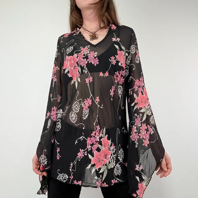Sheer Black Asymmetric Flutter Blouse