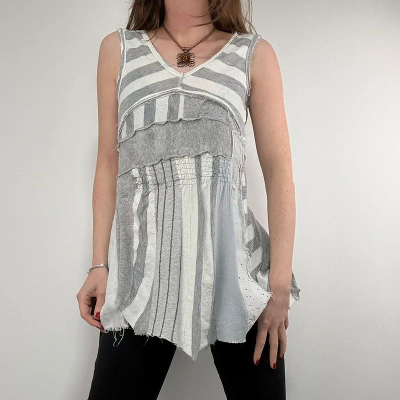 grey striped patchwork asymmetric vest