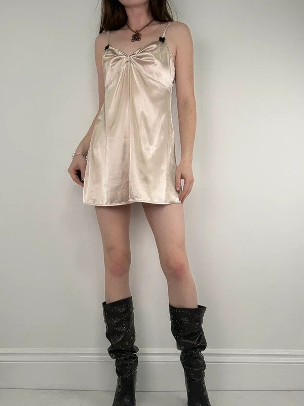 Satin dusty pink mini bow slip dress