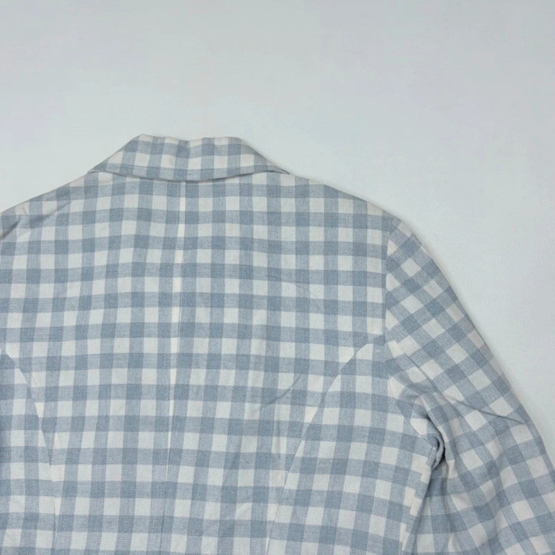boxy blue and white gingham cropped linen zip-up jacket