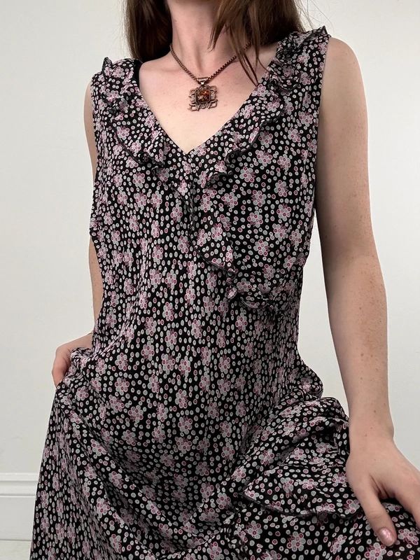 black polkadot ruffle flutter midi dress