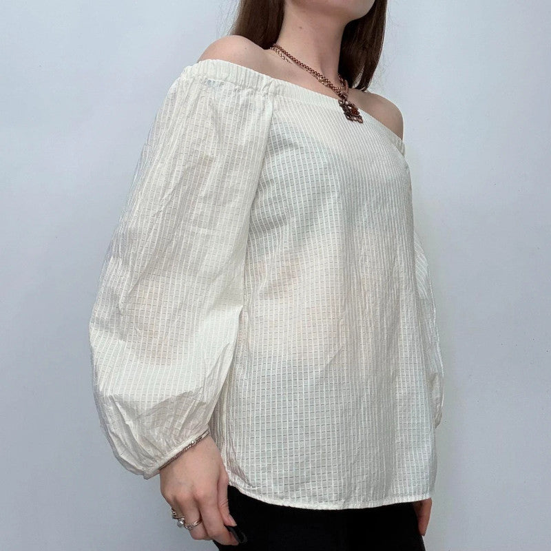 cream sheer off the shoulder puff shirt