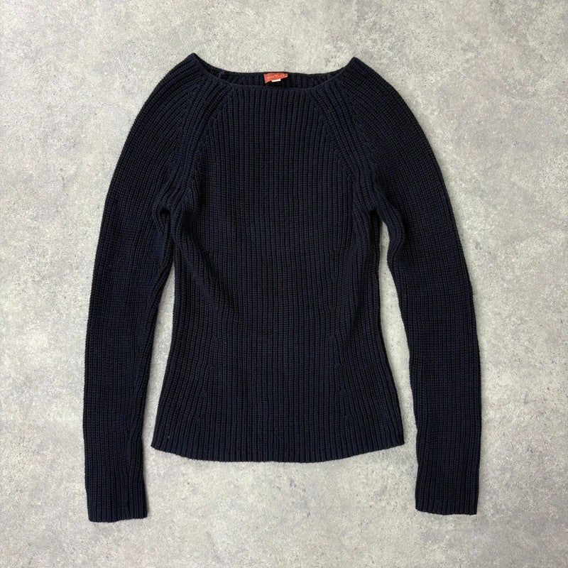 chunky navy knitted slash neck fisherman rib jumper