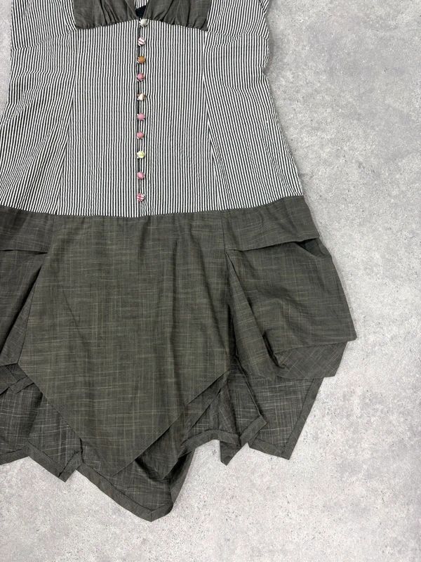 striped asymmetric khaki drop waist midi dress
