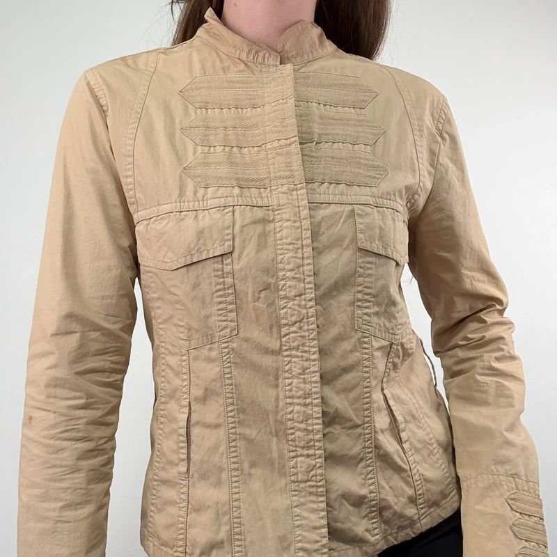 tan fitted panelled military jacket