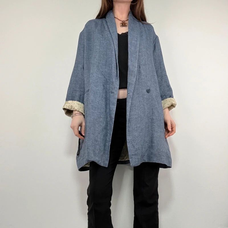 blue linen slouchy oversized long blazer