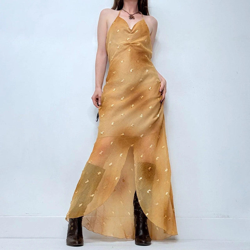 sheer gold bias cut maxi dress