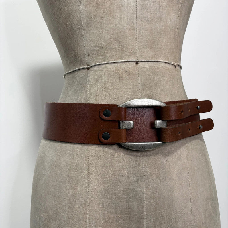 brown leather chunky buckl belt