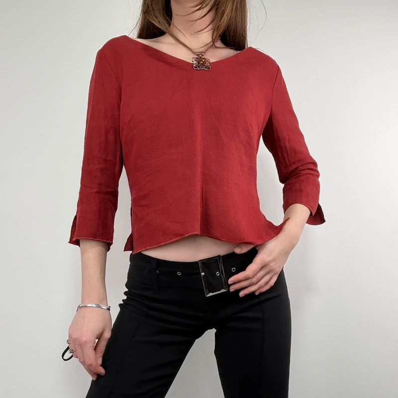 red linen flared fitted slit blouse top