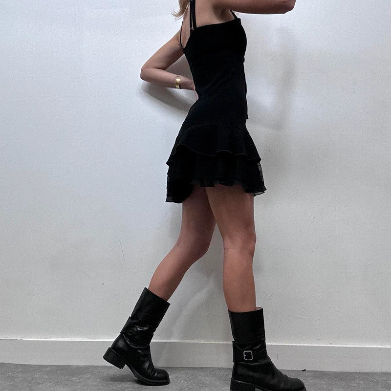 black ruffle mini dress