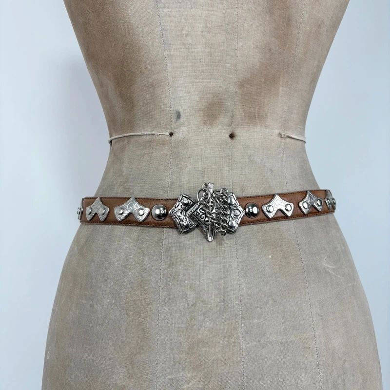 silver metal western leather belt