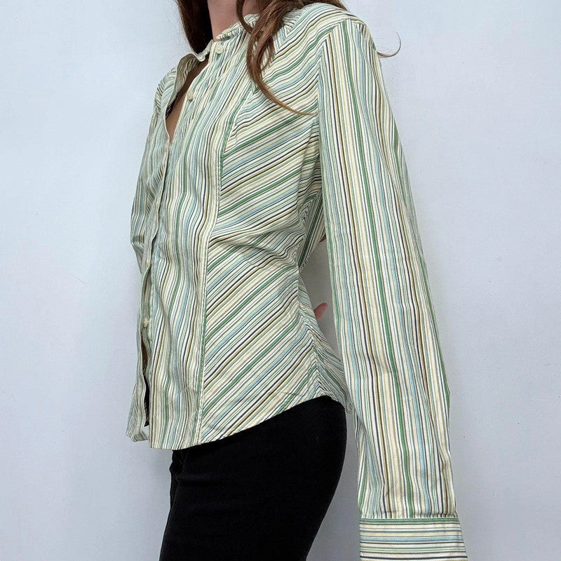 green pinstriped high neck button shirt
