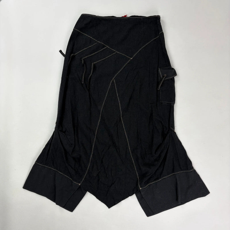 panelled patchwork asymmetric black midi skirt