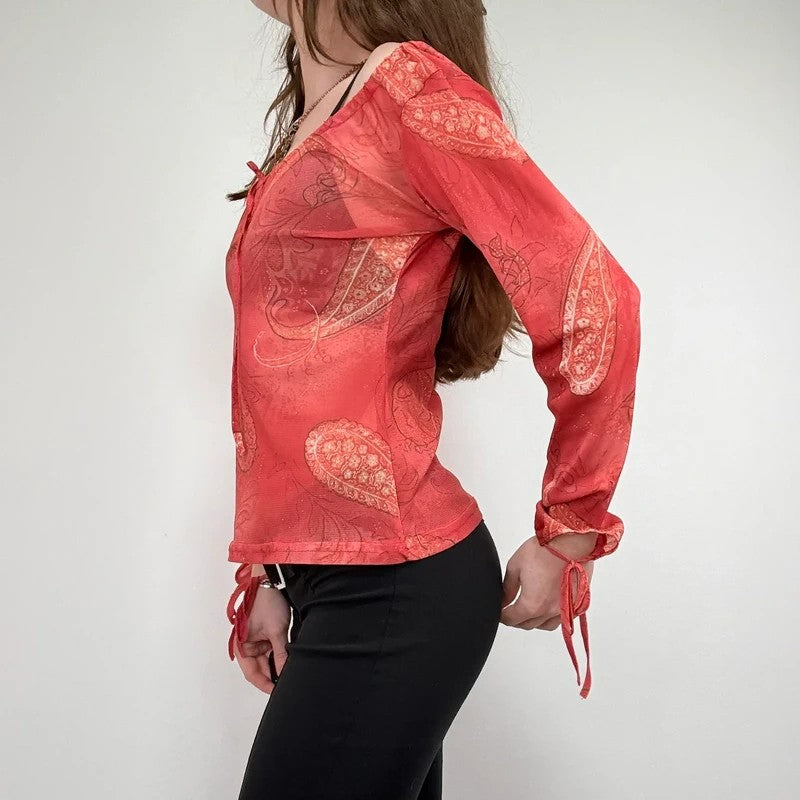 sheer paisley slouchy off-the-shoulder mesh blouse