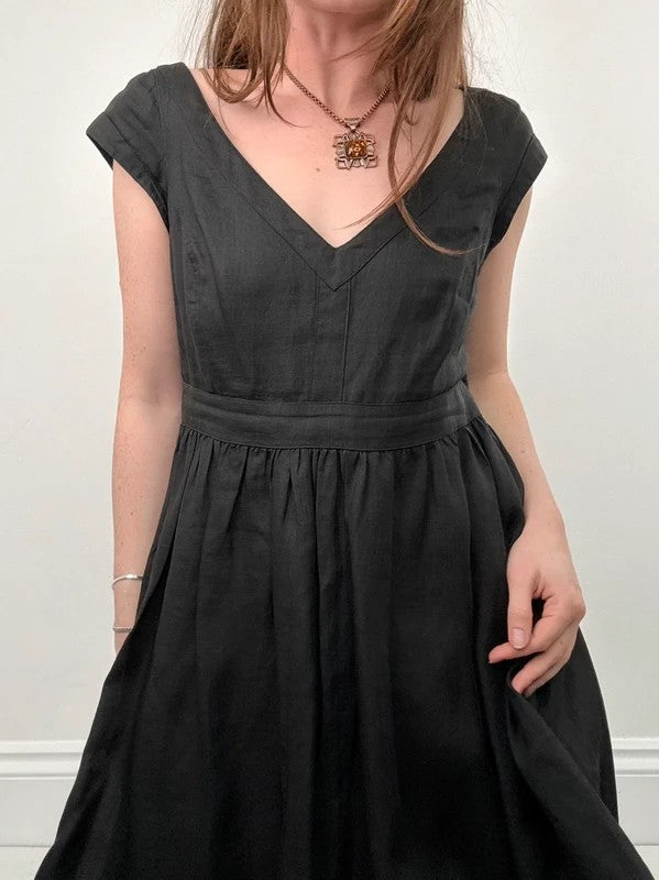 black pleated drop waist linen midi dress