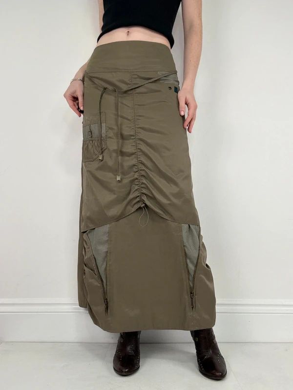 khaki utility gathered maxi skirt
