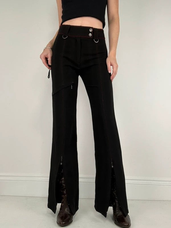 black pinstripe flared gothic d-ring utility trousers
