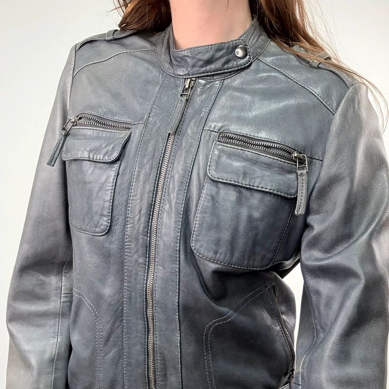 distressed leather boxy biker jacket