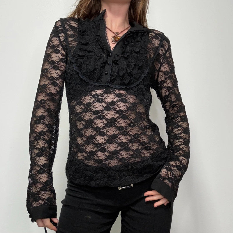 black lace fitted ruffle shirt