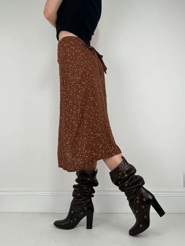 Brown polkadot button Rouje midi skirt