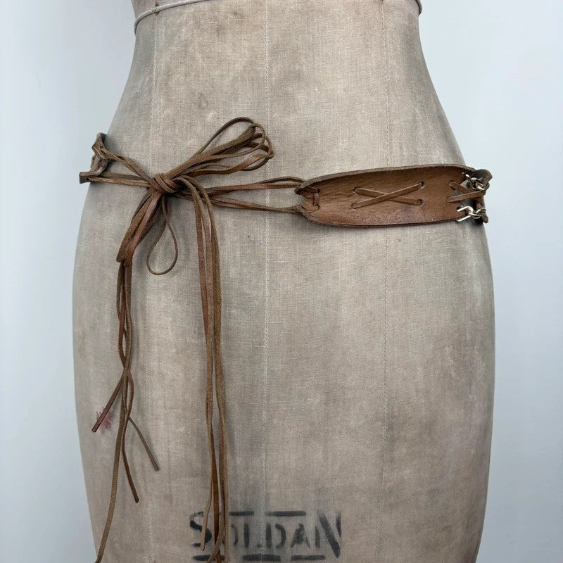 Boho tan leather belt with gold chain and tassel suede