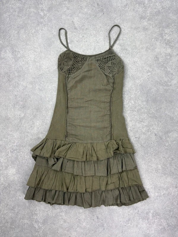Khaki cotton ruffle lace mini dress