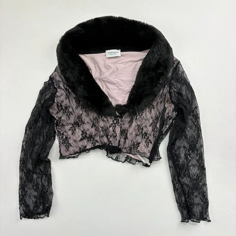Lace Cropped Cardigan with Faux Fur Collar