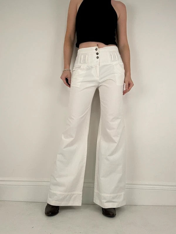 white flared wide leg button front cotton trousers