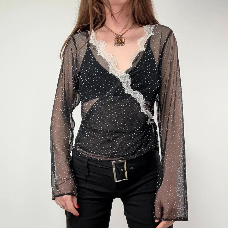 Sheer Lace Polka Dot Wrap Shirt