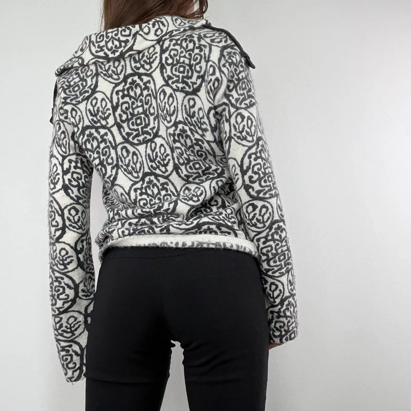 black and white slouchy patterned knit jumper, angora zip through funnel neck