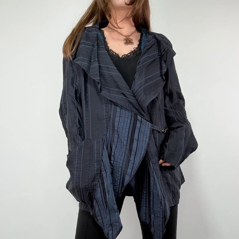 Navy Pinstripe Asymmetric Ruffle Jacket
